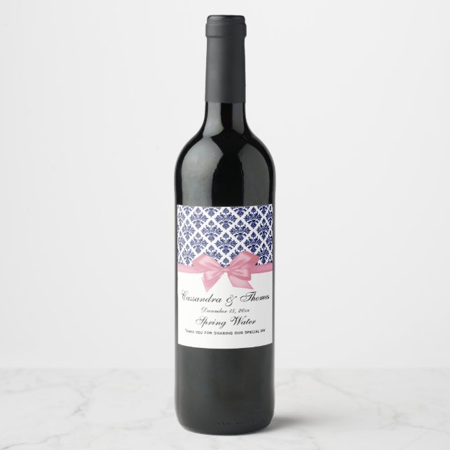Vintag Navy Blue Watask W Pink Bow Weinetikett (Vorderseite)