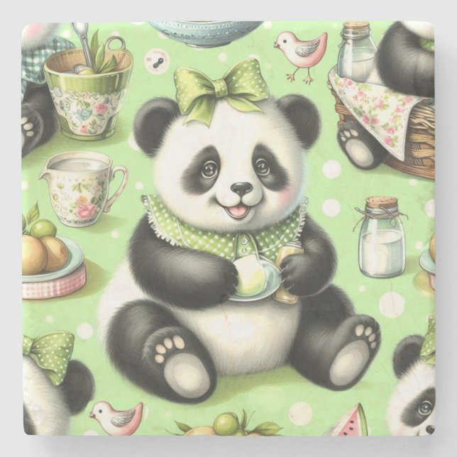Vintag Niedlich Baby Panda Steinuntersetzer (Vorderseite)