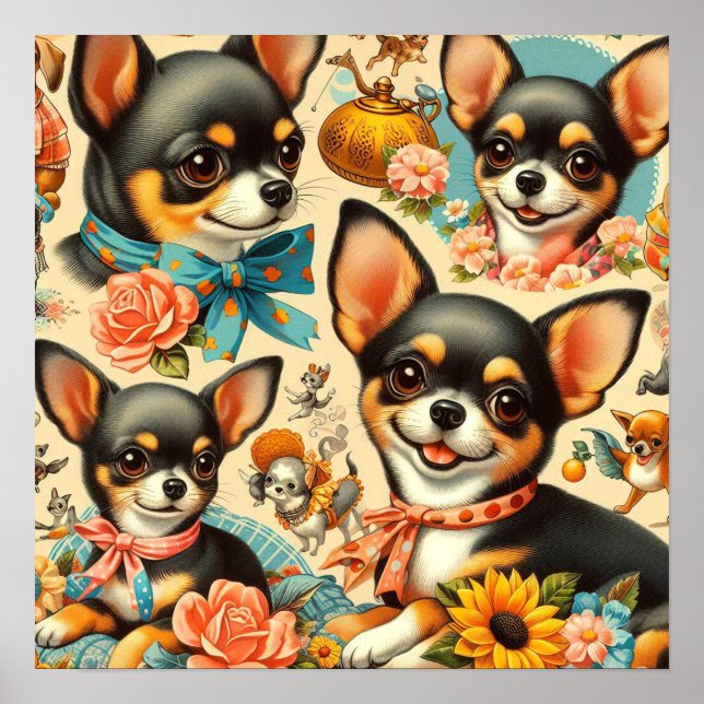 Vintag Niedliche nahtlose Chihuahua Poster (Vorne)