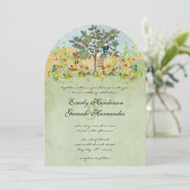 Vintag Obstbaum Love Bird Hochzeitseinladungen Einladung (Stehend Vorderseite)