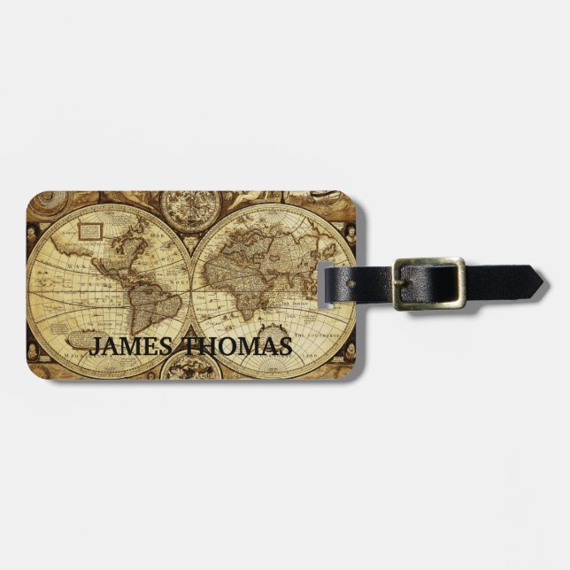 Vintag Old World Map Monogram Gepäckanhänger (Vorderseite horizontal)