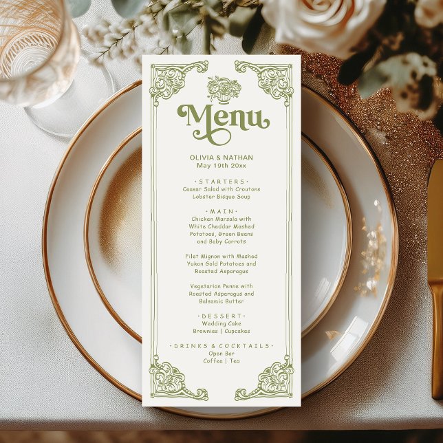 Vintag Olive Green Antique Rahmen Hochzeitsessen Menükarte (Von Creator hochgeladen)