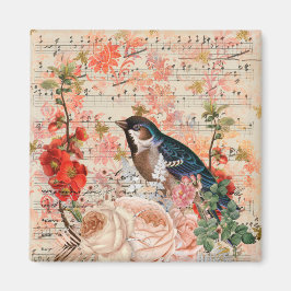 Vintag Orange Blue Floral Bird Musical Ephemere Magnet