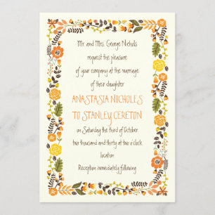 Vintag orange-gelbe Blumengrenze Moderne Hochzeit Einladung