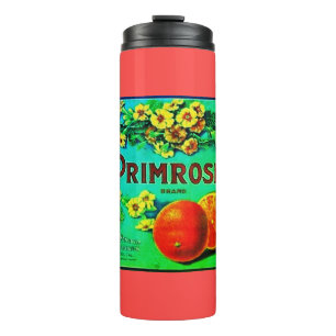 Vintag orangefarbene Fruchtkennzeichnung rot grün Thermosbecher