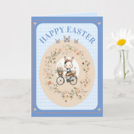 Vintag Osterfloral Bunny Blue Gingham Karo Karte