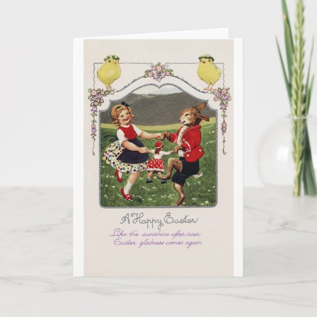 Vintag OsterGirl Bunny Chick Karte (Vorderseite)