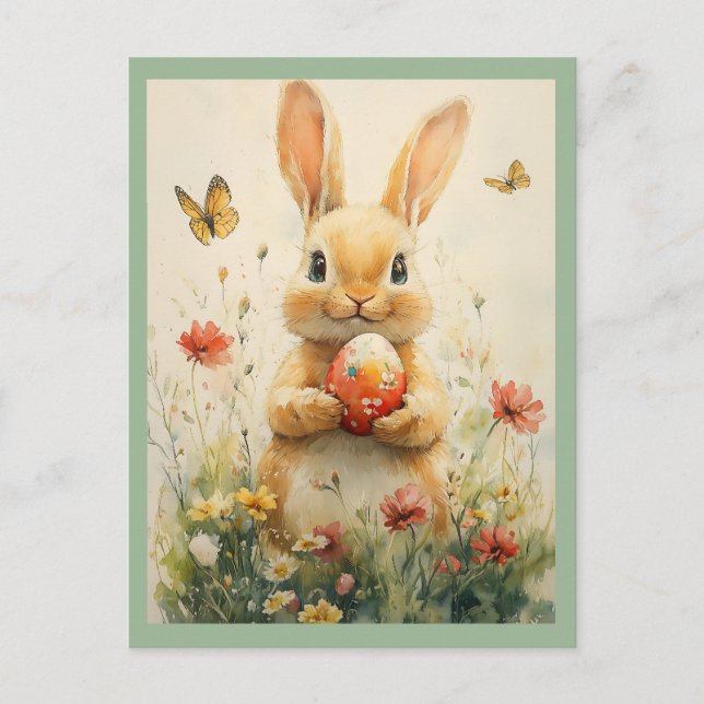 Vintag Osterhase Ei in Wildblumen Feiertagspostkarte (Vorderseite)
