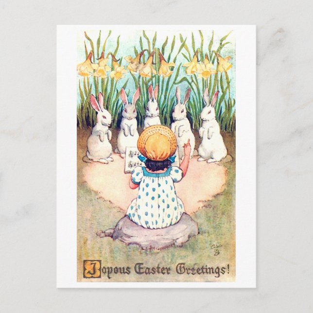 Vintag Osterhase mit Girl Postkarte (Vorderseite)