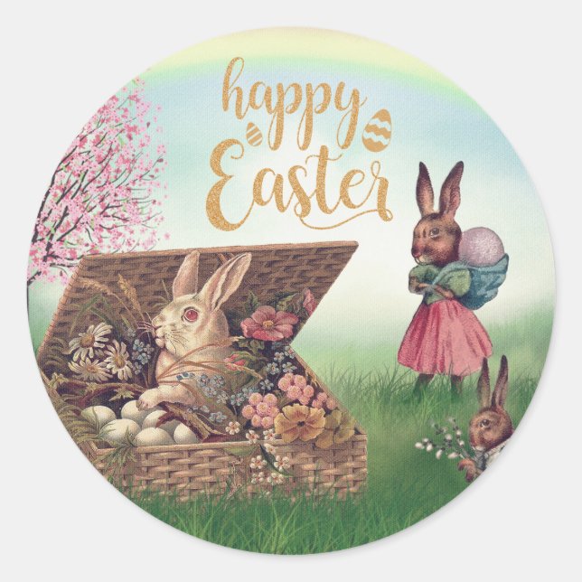Vintag Osterhase Runder Aufkleber (Vorderseite)
