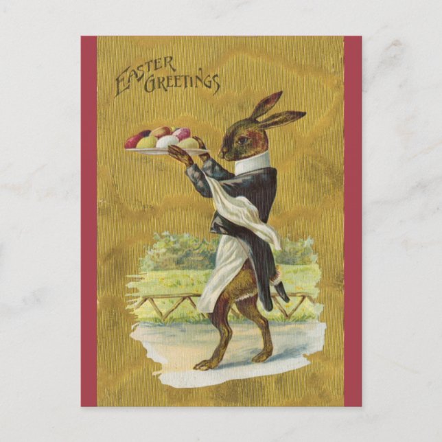 Vintag Osterhase serviert Eier Postkarte (Vorderseite)