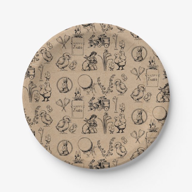 Vintag Osterhasen und Chick Kraft Brown Pappteller (Vorderseite)