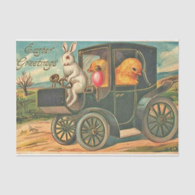 Vintag Osterhasen und Küken im Auto Seidenpapier (Vorderseite)