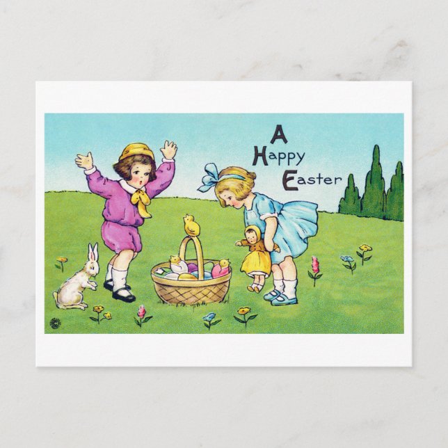 Vintag Osterkind Bunny Chick Postkarte (Vorderseite)