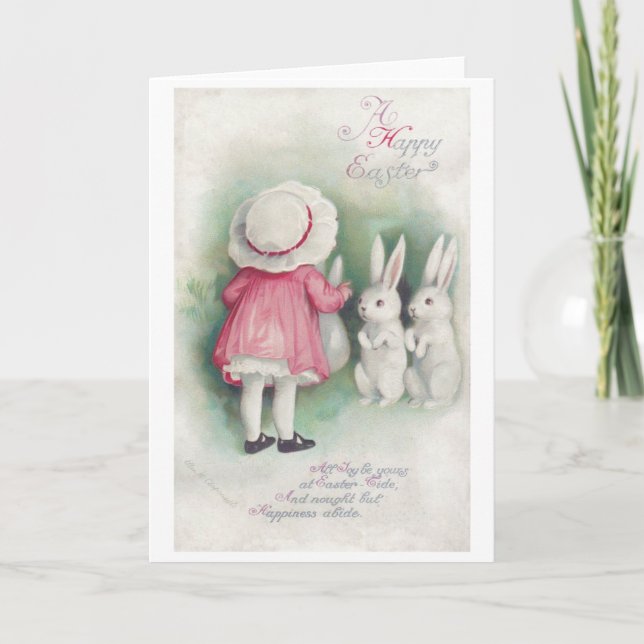 Vintag Osterkleines Girl und Bunny Karte (Vorderseite)