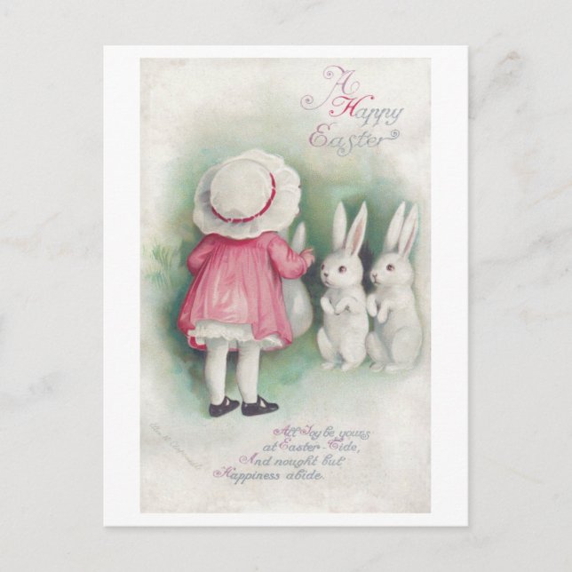 Vintag Osterkleines Mädchen und Bunny Postkarte (Vorderseite)
