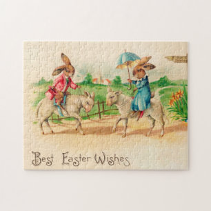 Vintag Ostern Bunny Rabbit Riding Lambs Grüße