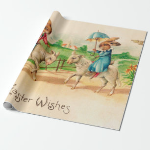 Vintag Ostern Bunny Rabbit Riding Lambs Grüße Geschenkpapier
