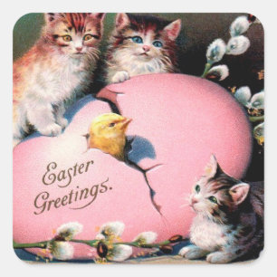 Vintag Ostern Grüße Katzen Küken und Ostereier Quadratischer Aufkleber