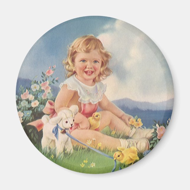 Vintag Ostern, Mädchen mit Hühnerlammchen auf der  Magnet (Vorne)