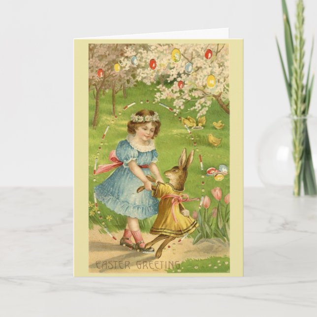 Vintag Ostern - Mädchentänze mit Bunny, Feiertagskarte (Vorderseite)