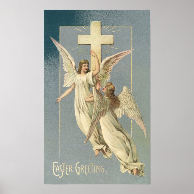 Vintag Ostern, Viktorianische Engel mit Kreuz Poster (Vorne)