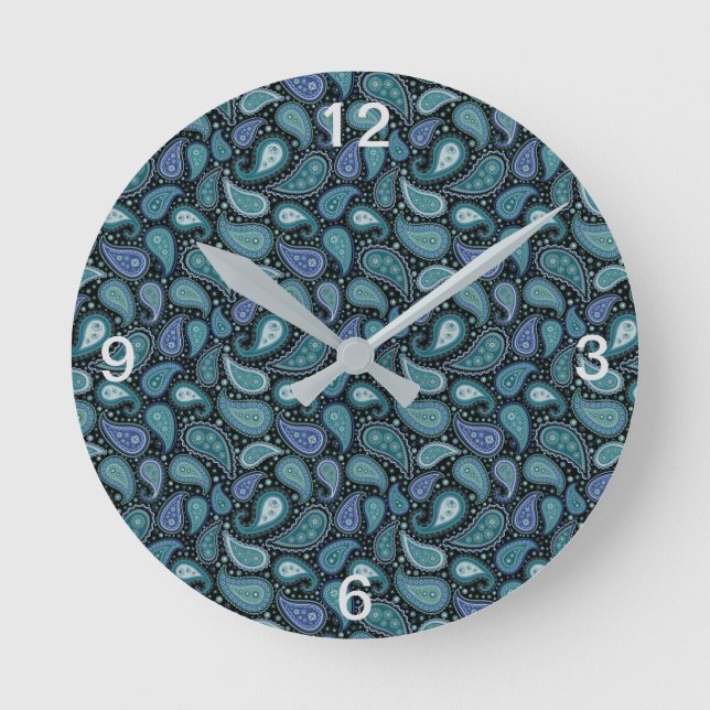 Vintag Paisley Beautiful Blue Aquamarin Runde Wanduhr (Vorderseite)