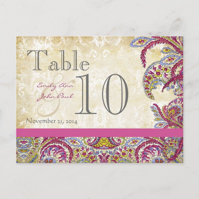 Vintag Paisley Peacock Gold Wedding Tischnummer (Vorderseite)