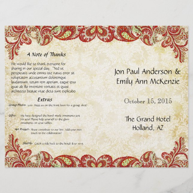 Vintag Paisley Peacock Red Wedding Program (Vorderseite)