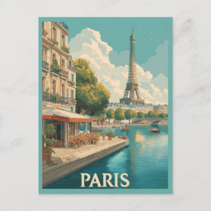 Vintag Paris: Eiffelturm & Seine Café Postkarte