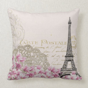 Vintag Paris Eiffelturm und Rosa Blumen Kissen