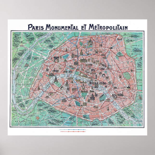 Vintag Paris Frankreich Karte 1932 Poster (Vorne)
