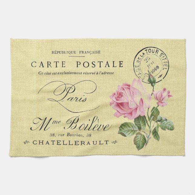 Vintag Paris Post Pink Roses Geschirrtuch (Horizontal)