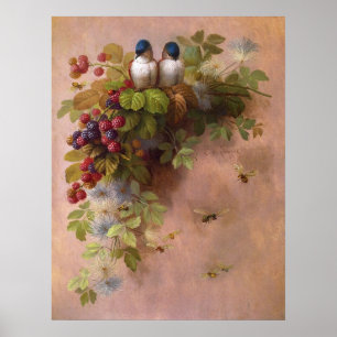 Vintag Paul de Longpré Art Birds Berries Bees Poster