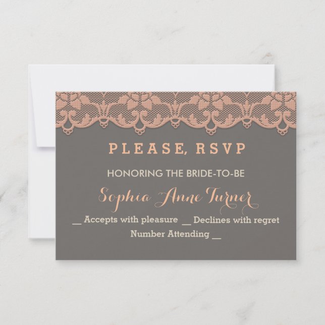 Vintag Peach Gray Lace Wedding RSVP Custom Karte (Vorderseite)