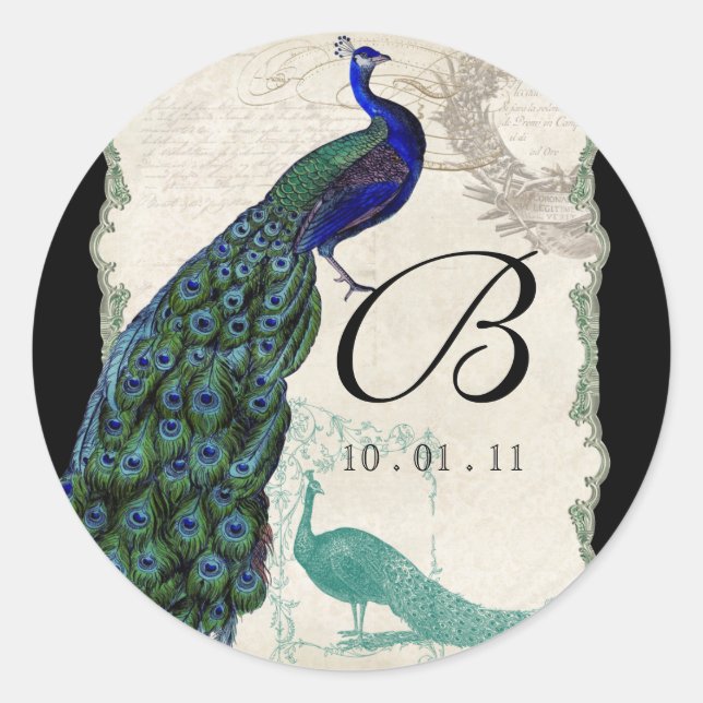 Vintag Peacock 5 - Hochzeitssticker oder -Siegel Runder Aufkleber (Vorderseite)