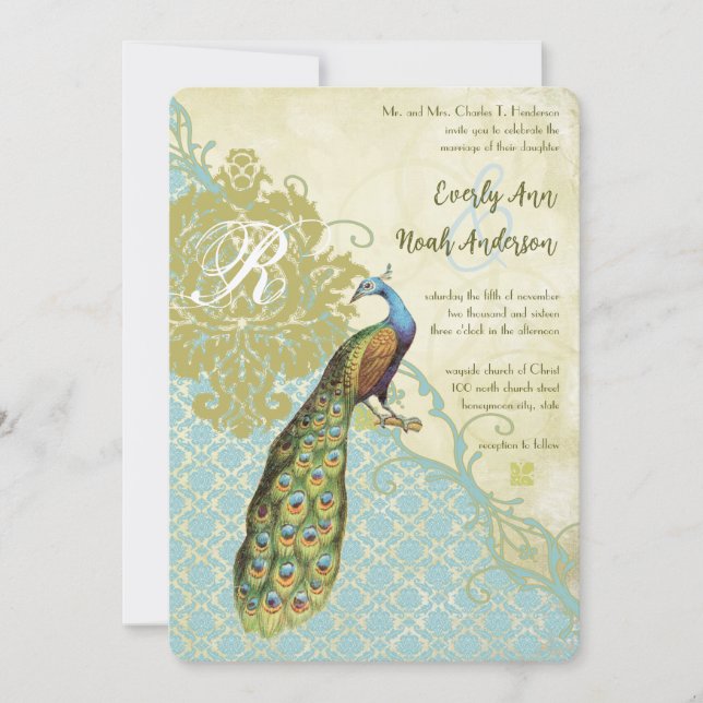 Vintag Peacock Birds Lagoon Endive Damask Hochzeit Einladung (Vorderseite)