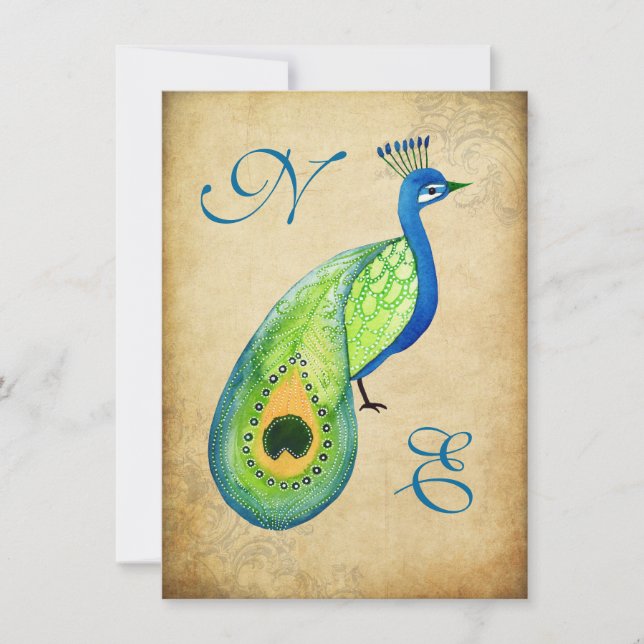 Vintag Peacock Blüh Wedding Monogram Invite Einladung (Vorderseite)