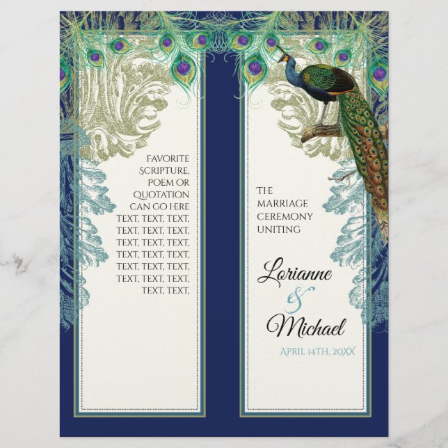 Vintag Peacock Feathers Navy Blue Wedding Program (Vorderseite)
