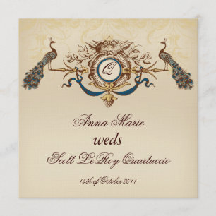 Vintag Peacock Square Wedding Einladung Linen #6