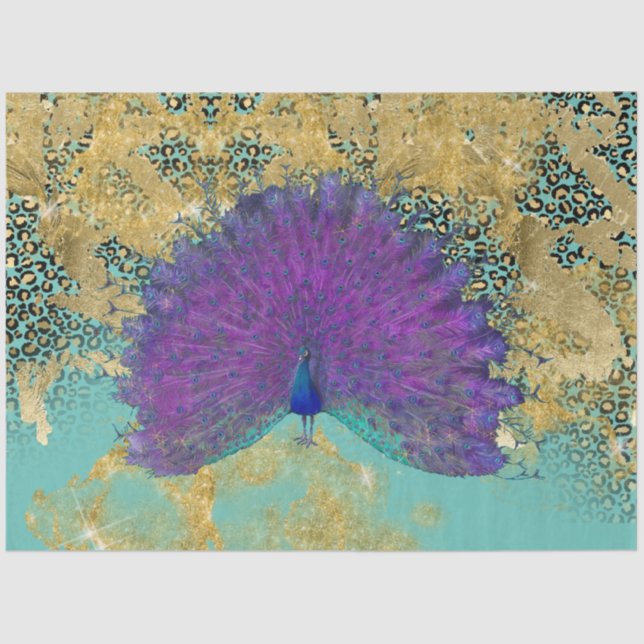 Vintag Peacock Turquoise Gold Leopard Decoupage Seidenpapier (Vorderseite)
