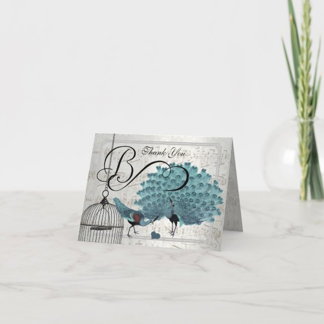 Vintag Peacocks Bird Cage Wedding Vielen Dank Dankeskarte (Vorderseite)