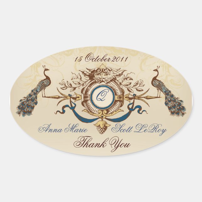 Vintag Peacocks Gastgeschenk Hochzeit Stickers Ova (Vorderseite)