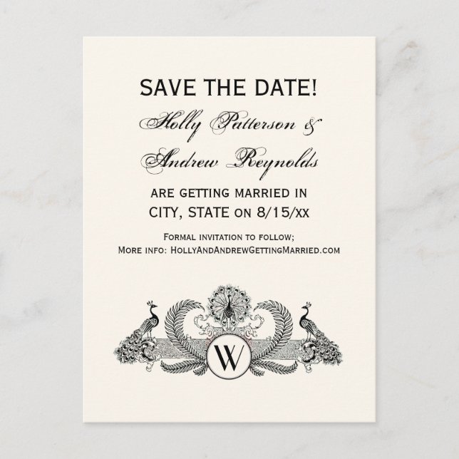 Vintag Peacocks Monogram Ivory BG Ankündigungspostkarte (Vorderseite)