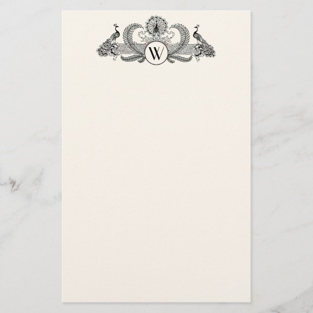 Vintag Peacocks Monogram Ivory BG Briefpapier (Vorderseite)