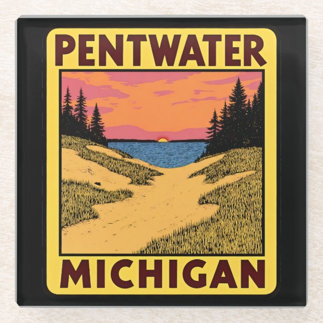 Vintag Pentwater Michigan Glasuntersetzer (Vorderseite)