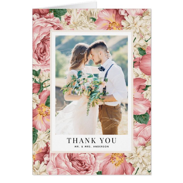 Vintag Peonies Wedding Foto Danke Karte (Vorne)