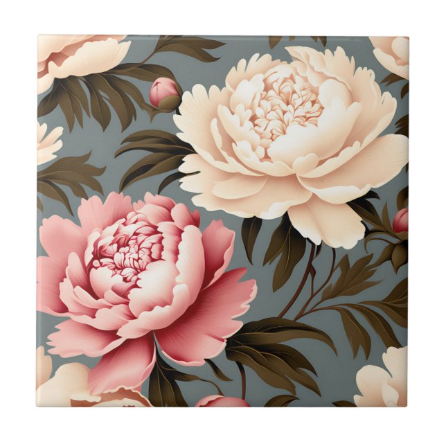 Vintag Peony Elegante Muster Fliese (Vorderseite)