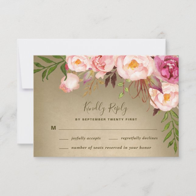 Vintag Peony Rustic Blush Wedding RSVP Karten (Vorderseite)