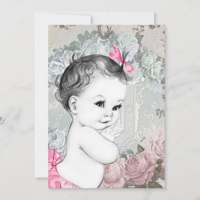 Vintag Pink Baby Girl Dusche Einladung (Vorderseite)